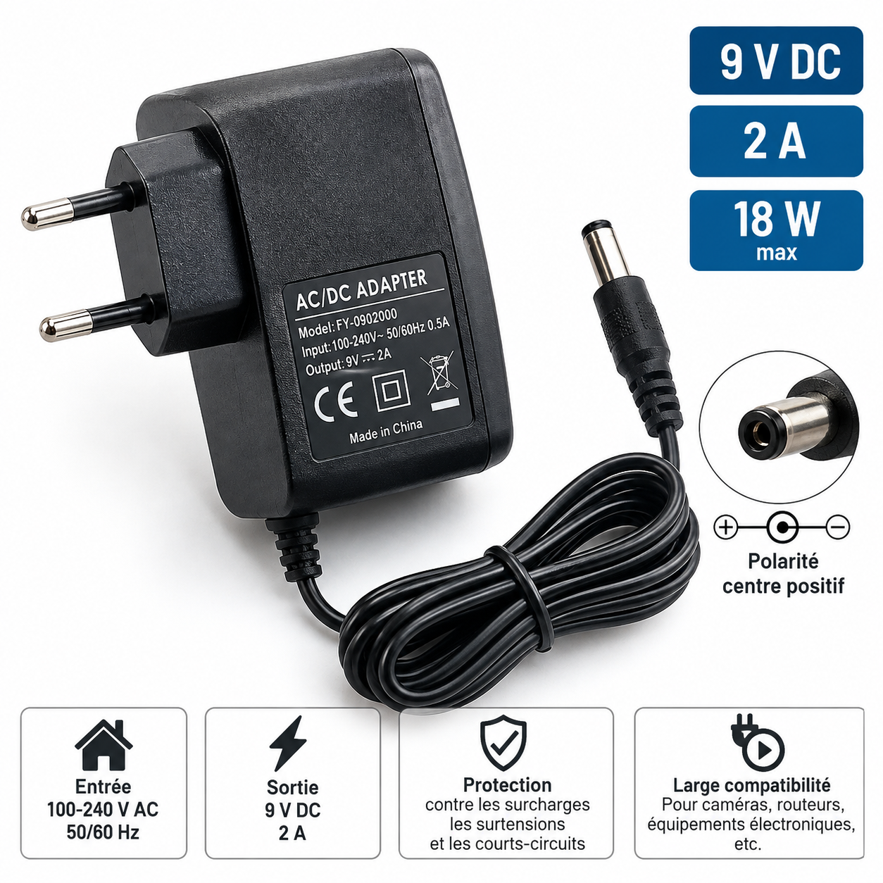 Adaptateur secteur 9 V – 2 A