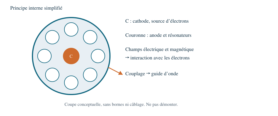 Principe du magnétron : électrons, champs et cavités résonantes.