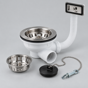Visuel illustratif d’une bonde d’évier D60 avec grille inox, panier, bouchon à chaînette et trop-plein