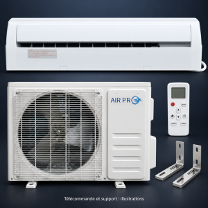 Ensemble climatiseur Airpro 12 000 BTU sur fond sombre : unité intérieure, unité extérieure, télécommande et support inox illustratifs