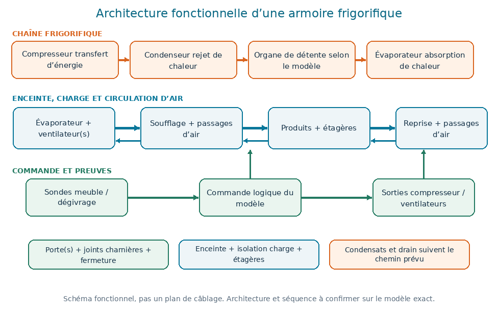 Architecture fonctionnelle d’une armoire frigorifique : chaîne frigorifique, enceinte, soufflage, reprise, commande, portes, isolation et condensats.
