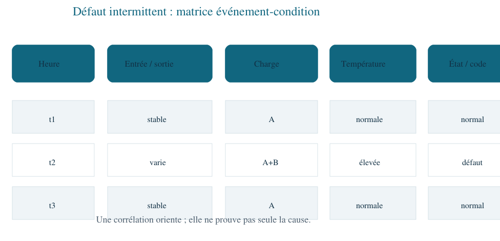Matrice événement-condition pour documenter un défaut intermittent.